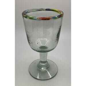 Hand-Blown Wine Glass - Art Glass with Multicolor Rim 6" x 3.25"